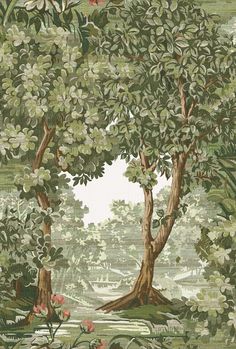 an image of a painting of trees in the woods with flowers on them and birds flying around