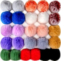 several colors of pom - poms are shown in this image, including multicolors