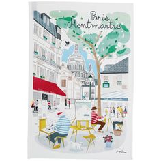 a poster with people sitting at tables in front of a tree and some buildings on the other side