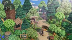 an animal crossing game in the middle of some trees and bushes, with a person walking through it