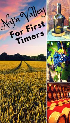 the napa valley for first timers is shown in this collage with wine barrels and grapes