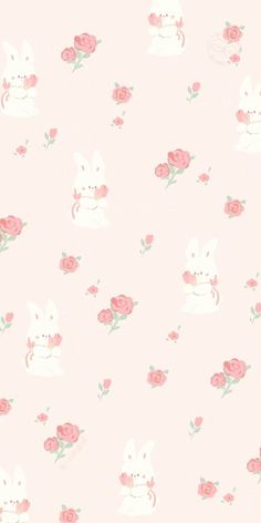 a pink wallpaper with rabbits and roses on it