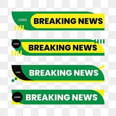 three green and yellow breaking news stickers on a white background, with the words breaking news