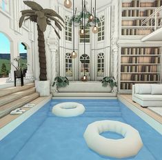 a living room filled with lots of furniture and a swimming pool surrounded by bookshelves