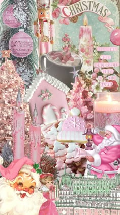 a collage of pink and white christmas items with santa clause on the top, candles, cookies, candy canes, trees, and other holiday decorations