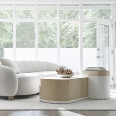 a living room with white furniture and large windows