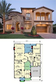 two story house plans with an open floor plan and large front yard area, in the middle