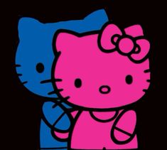 an image of a hello kitty holding a blue and pink object in her hand with the word hello kitty on it