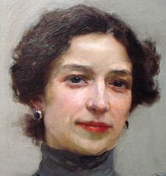 an oil painting of a woman with dark hair and wearing a gray shirt, looking at the camera