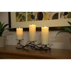 four lit candles sitting on top of a wooden table next to a potted plant