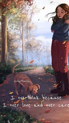 a girl standing next to a dog on a path with leaves falling from the trees