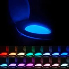 various colors of toilet seat glowing in the dark, with different lighting options to choose from