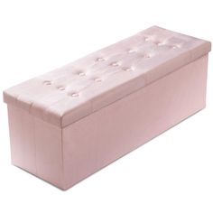 a pink storage bench with buttons on the top and bottom, in front of a white background