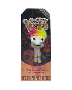 a toy with a rainbow colored hair on it's head and the words, it's too peopley outside