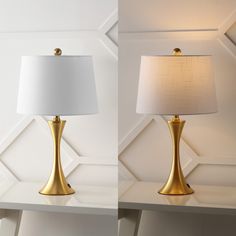 two lamps side by side, one with a white shade and the other has a gold base