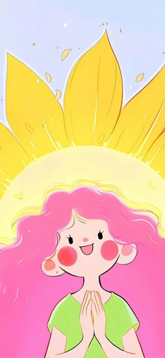 a girl with pink hair and green shirt standing in front of a sun