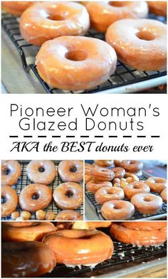 a collage of glazed doughnuts on cooling racks with text overlay that reads, ploner woman's glazed donuts aka the best dunuts ever