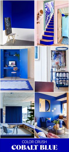 blue and white living room with stairs, couches, desks and other furniture