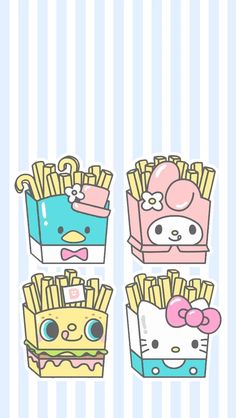 some cute little boxes with food in them on a pink and white striped wallpaper