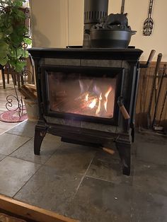 a wood burning stove sitting on top of a floor next to a potted plant