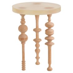 a small wooden table with three legs and a round top on the bottom is made out of wood