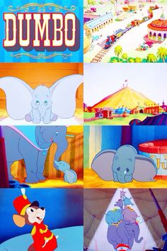 the cartoon dumbo is shown in four different scenes, including an elephant and circus