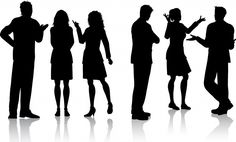 a group of people standing next to each other silhouetted against a white background,