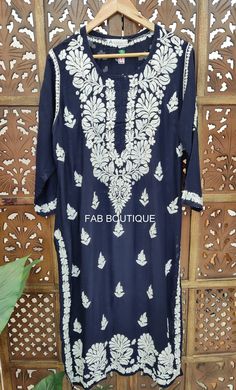 Description ▪ Kurti Fabric: Modal ▪ Kurti Length: 44-46 Inches ▪ Sleeves: 3/4 Sleeves ▪ Style: Straight Kurti ▪ Occasions: Party Wear, Office Wear, Festive Wear ▪ Garment Care: Hand Wash Only ▪ Price Includes: 1x Kurti Blue Long Kurta With Chikankari Embroidery, Fitted Indigo Kurta With Chikankari Embroidery, Festive Maxi-length Kurta With Chikankari Embroidery, Semi-stitched Blue Lawn Suit With Chikankari Embroidery, Blue Chikankari Embroidery V-neck Kurta, Chikan Kurta, Kurta Women, Style Kurti, Straight Kurti