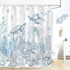 an ocean themed shower curtain with sea animals