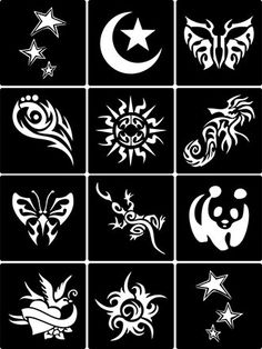 nine different tattoo designs on black and white square tiles with stars, crescents, dragon, sun, moon