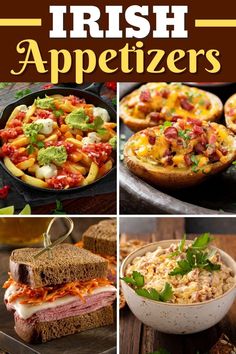 the cover of irish appetizers is shown in four different pictures, including bread and vegetables