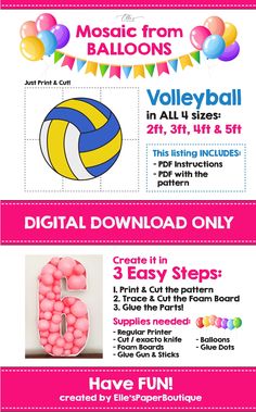 an advertisement for a birthday party with balloons and volleyball balls on it, including the number five