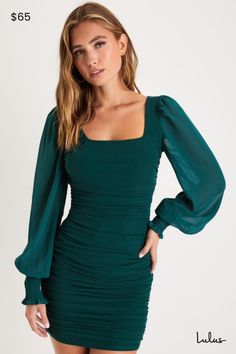 There's nothing better than feelin' fine and ready to party in the Lulus Perfect Sensation Dark Green Mesh Ruched Puff Sleeve Mini Dress! Slinky knit mesh (atop green knit lining) is ruched throughout this sexy bodycon dress that has a square neckline, a fitted bodice, and long puff sleeves with smocking at the cuffs. The figure-hugging skirt falls to an alluring mini hem. Hidden back zipper/clasp. Fit: This garment fits true to size. Length: Mid-thigh. Size medium measures 33" from shoulder to Dark Green Hoco Dress, Green Hoco Dress, Winter Ball Dresses, Puff Sleeve Bodycon Dress, Semi Dresses, Dark Green Dress, Green Homecoming Dresses, Casual Formal Dresses, Winter Formal Dresses