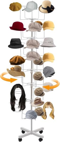 PRICES MAY VARY. ✅【Versatile Storage Capacity】Hat Storage Organizer, Featuring seven adjustable tiers, each with five holders, this rack offers a total capacity of 35 hats, catering to substantial storage requirements. The vertical structure optimizes the use of vertical space, accommodating up to 35 hats within a 0.95ft² footprint, providing an organized display for various hat styles. ✅【Customizable Configuration】Wig Stands for Multiple Wigs, The flexible buckle system and 4.92ft pole height a Hat Display Ideas, Hat Storage Ideas, Hat Holders, Cowboy Hat Rack, Display Tower, Standing Display, Cap Organizer, Diy Display, Custom Trucker Hats