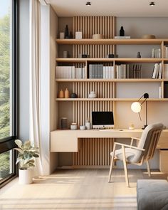 a room with a desk, chair and bookshelf next to a large window