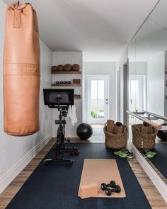 Retro Deluxe Tan Leather Heavy Punching Bag And Retro Heritage Brown Leather Medicine Ball By Modest Vintage Player In Home Gym Exercise Mat, Punching Bag