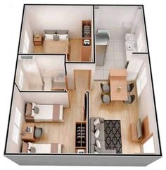 an overhead view of a two bedroom apartment