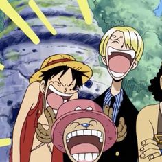 three anime characters with their mouths open in front of an image of the same character