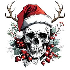 a skull wearing a santa claus hat with holly and red berries on the side, surrounded by antlers