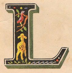 the letter l is decorated with animals and leaves on it's sides, as well as letters like this one