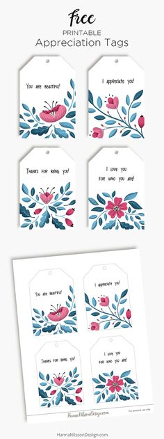 four tags with watercolor flowers and leaves on them, one has the words free appreciation tags