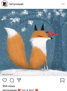 a red fox sitting in the snow with a bird on top of it and a tree