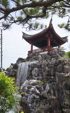 a small pagoda on top of a rock wall next to a waterfall and pine trees