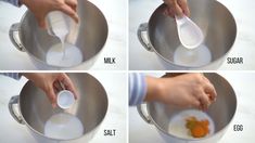 four pictures showing how to mix ingredients in a mixing bowl