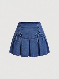 Plus Size Women's Simple Solid Color Daily Wear Denim Mini Skirt With Tie String Dark Wash    Denim Plain Pleated Medium Stretch  Women Plus Clothing, size features are:Bust: ,Length: ,Sleeve Length: Shein Coquette, Pleated Denim Skirt, Pleated Denim, Denim Skirt Outfits, Plus Size Denim, Cute Dress Outfits, Denim Skirts, Denim Mini Dress, Mode Inspo