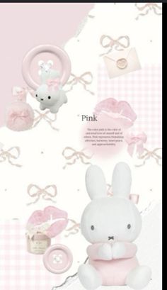 the pink bunny is sitting next to its baby items