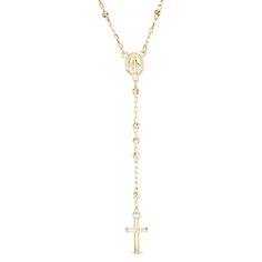 This rosary necklace is a beautiful expression of your beliefs. Created in 14K gold, this choice features a rosary with diamond-cut beaded stations set evenly along a cable chain. Polished to a bright shine, this design measures 18.0 inches in length and secures with a lobster claw clasp. Gold Necklace Zales, Beaded Rosary, Gold Rosary, Rosary Necklace, Cross Jewelry, Leather Goods, Diamond Cut, Cable Chain, Rosary