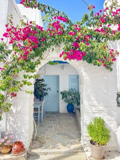 a white house with blue doors and pink flowers growing on it's side wall