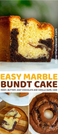 an easy marble bundt cake recipe with chocolate and vanilla swirl on the inside is shown