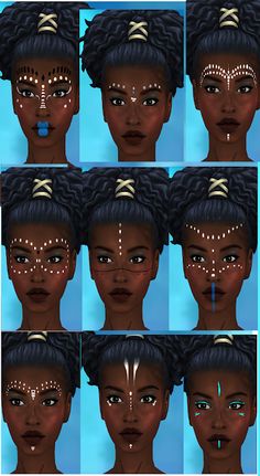 Face Paint Photoshoot Ideas, Wakanda Forever Party Ideas, Warrior Goddess Makeup, African Face Paint Goddesses, African Goddess Makeup, Native American Makeup Women, Goddess Face Paint, African Goddess Photoshoot, Sims 4 Face Paint